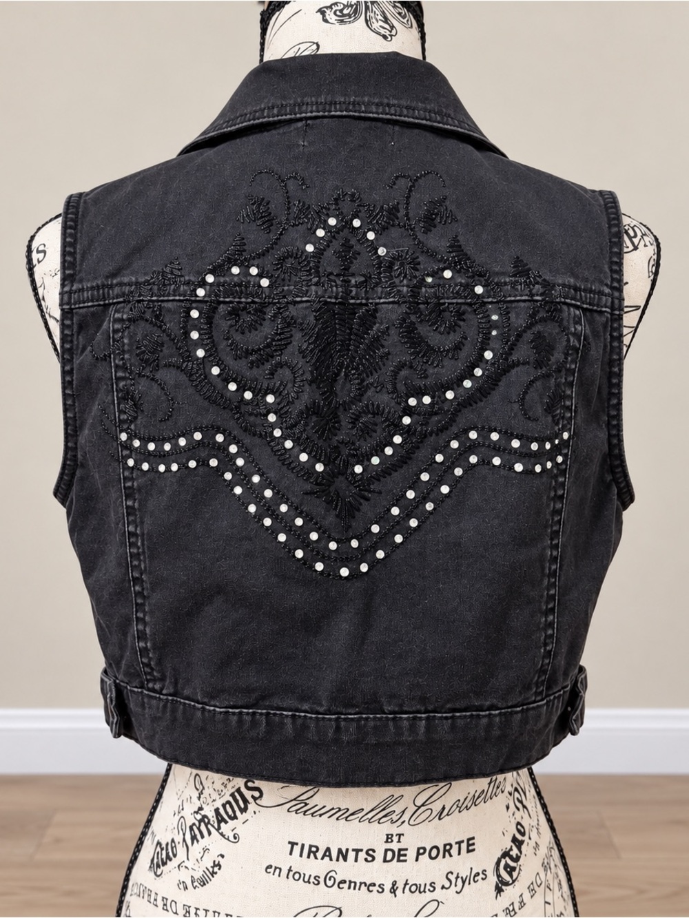 Black Studded Embroidered Denim Vest - Brand Unknown
